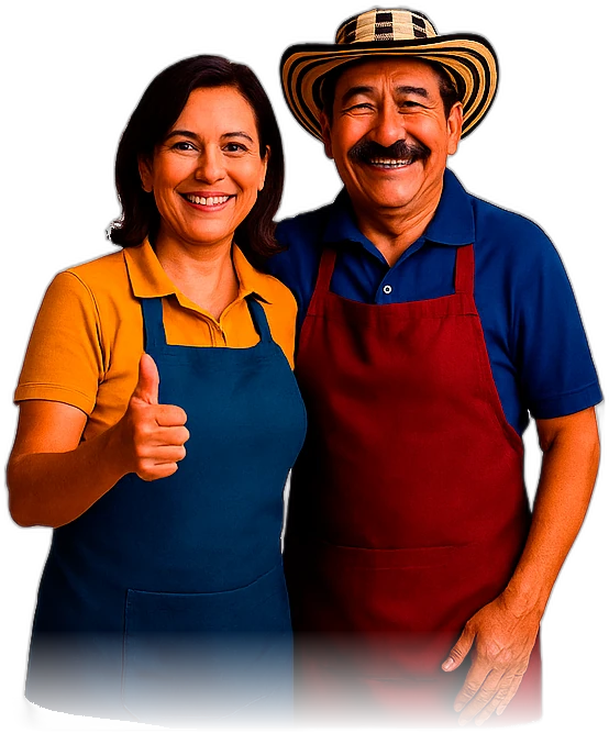 Pareja de tenderos colombianos orgullosos de su tienda